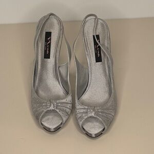 Nina Elegant Silver Peep-Toe Heels 5 inch heel
